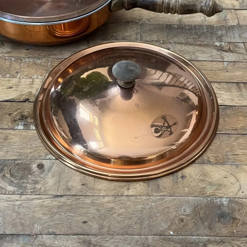 Vintage Copper Saute Pan Skillet with Lid Wood Handle